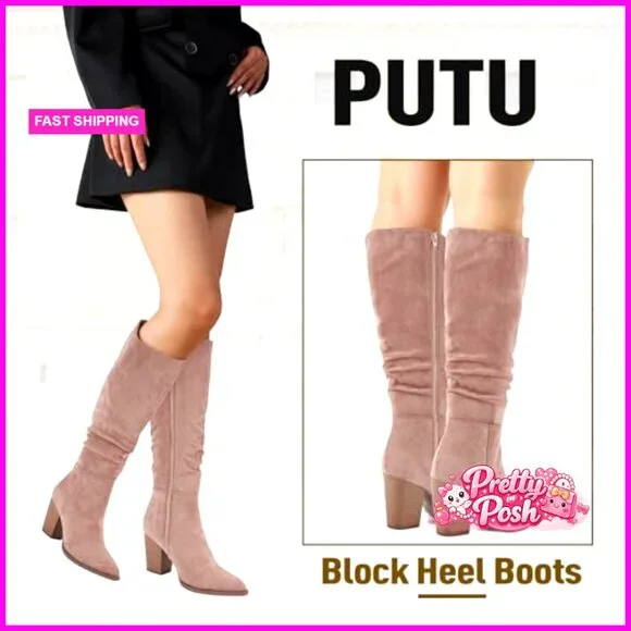 Pointed Toe Knee High Boots Faux Suede Slouch Boots with Chunky Heel - Picture 7 of 7